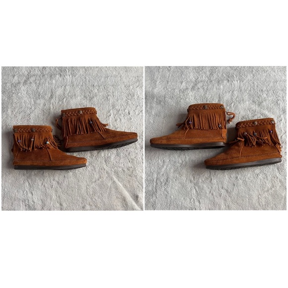 Minnetonka High Top Fringe Moccasin Suede Leather Beaded Boho Bootie Boot Brown - Picture 5 of 12